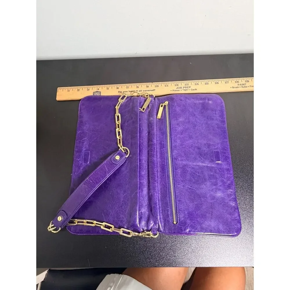 Tory Burch Bombe Reva Purple Leather Clutch Crossbody Bag Gold Chain Strap Logo
